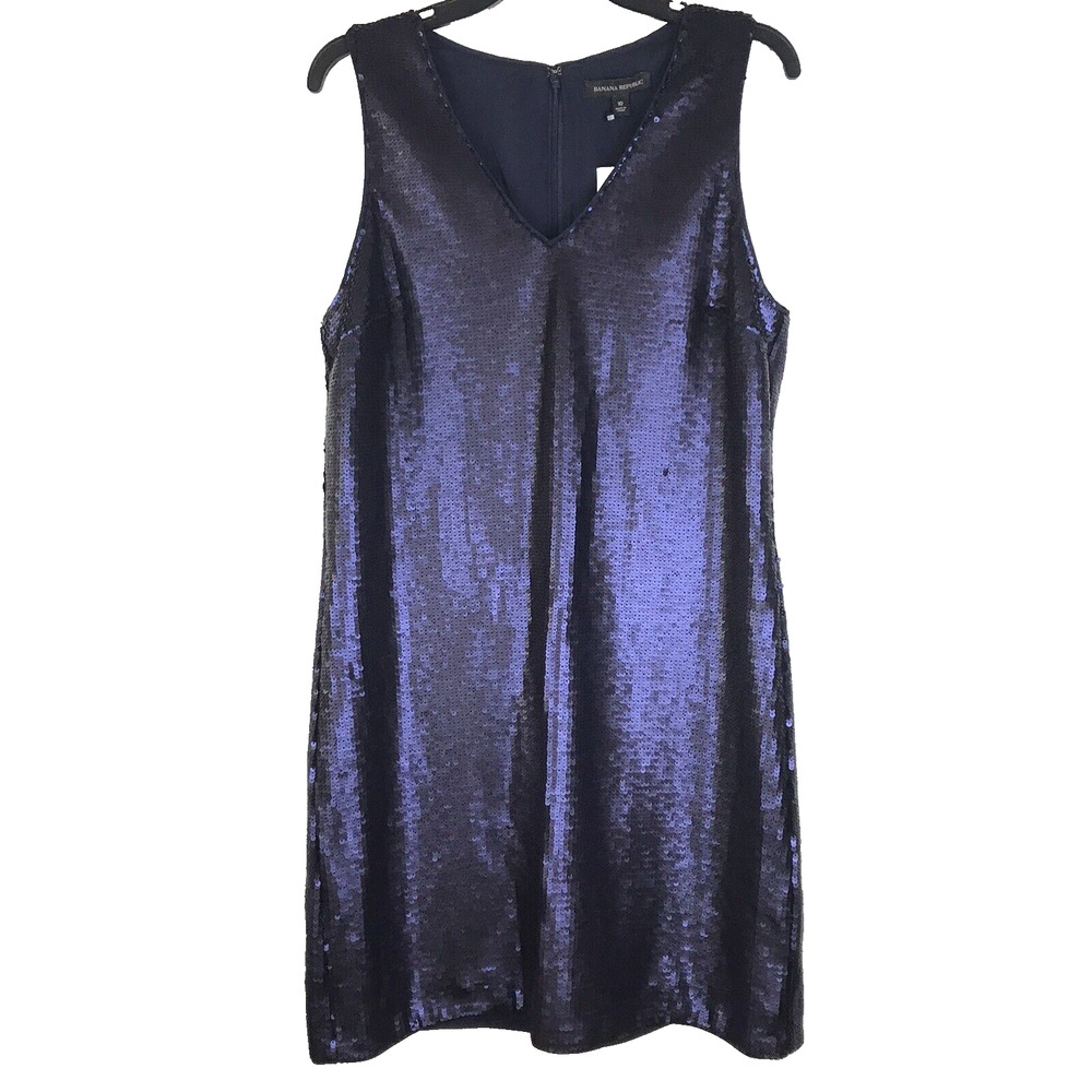 NWT Banana Republic Sequin Mini Dress V-Neck Sleeveless Navy Blue Lined Size 10